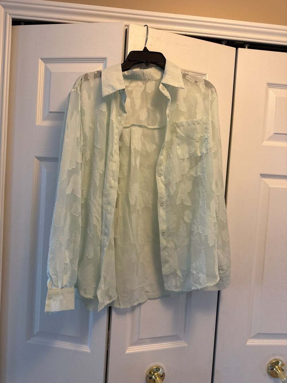 Vintage Womens Sheer Pale Mint Green Floral Long Sleeve Blouse